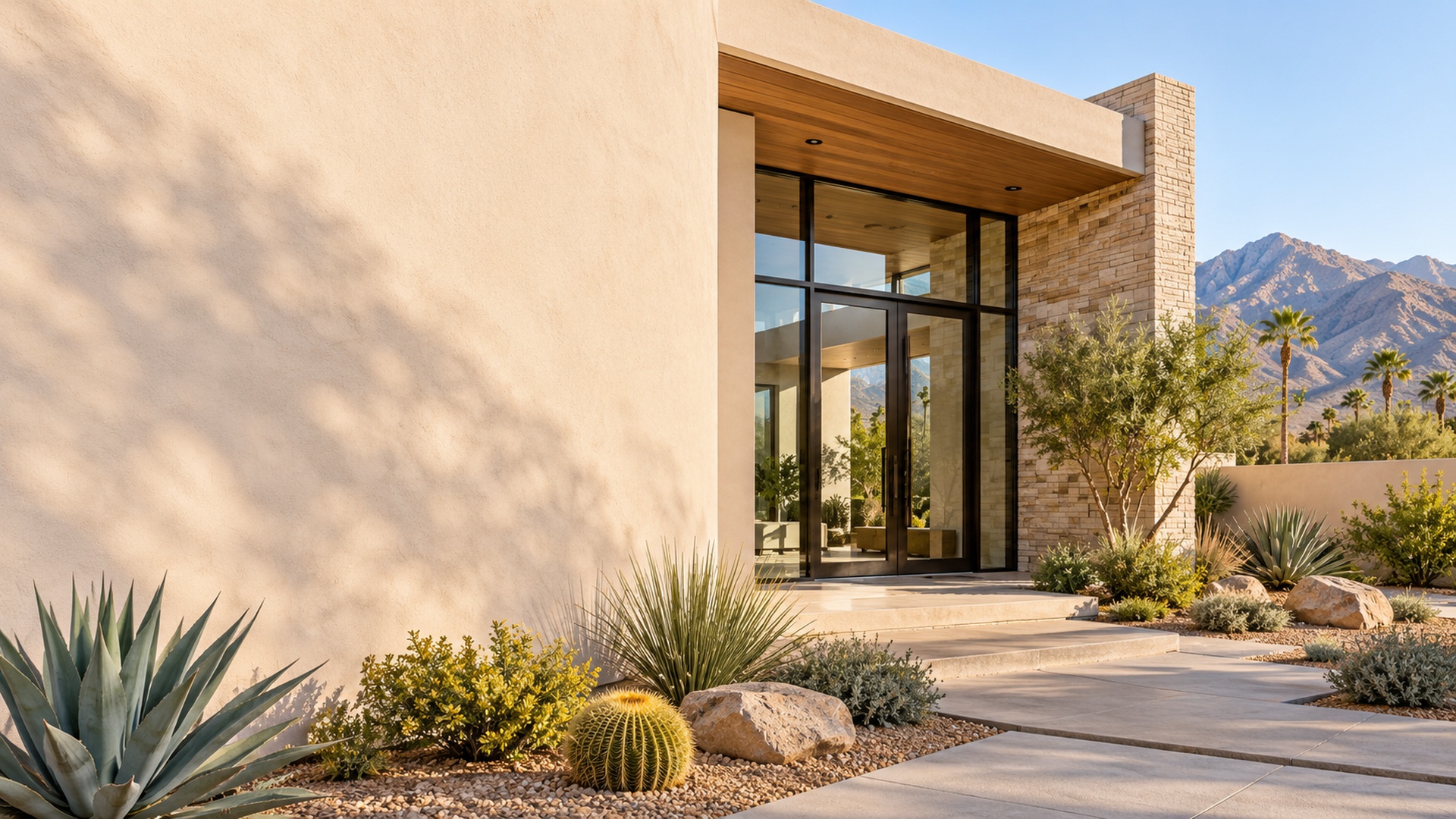 Desert home entrance in Palm Desert with drought-tolerant landscaping and mountain views